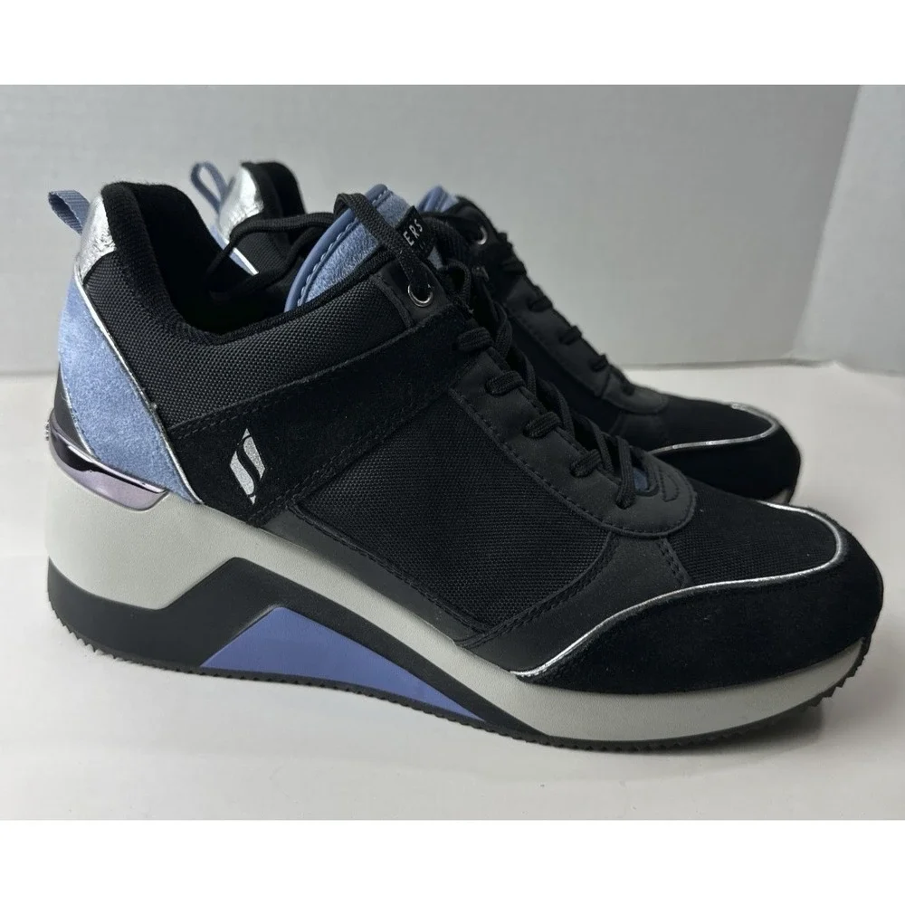 Skechers Million High N Fly Wedge Sneakers Women's Size 11 Black Blue Lace Shoes - Picture 6 of 15